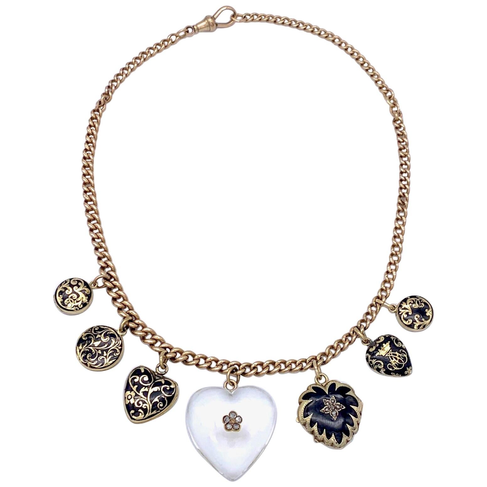 Antique Hearts Lockets Pendants Necklace Rock Crystal Diamonds Enamel  
