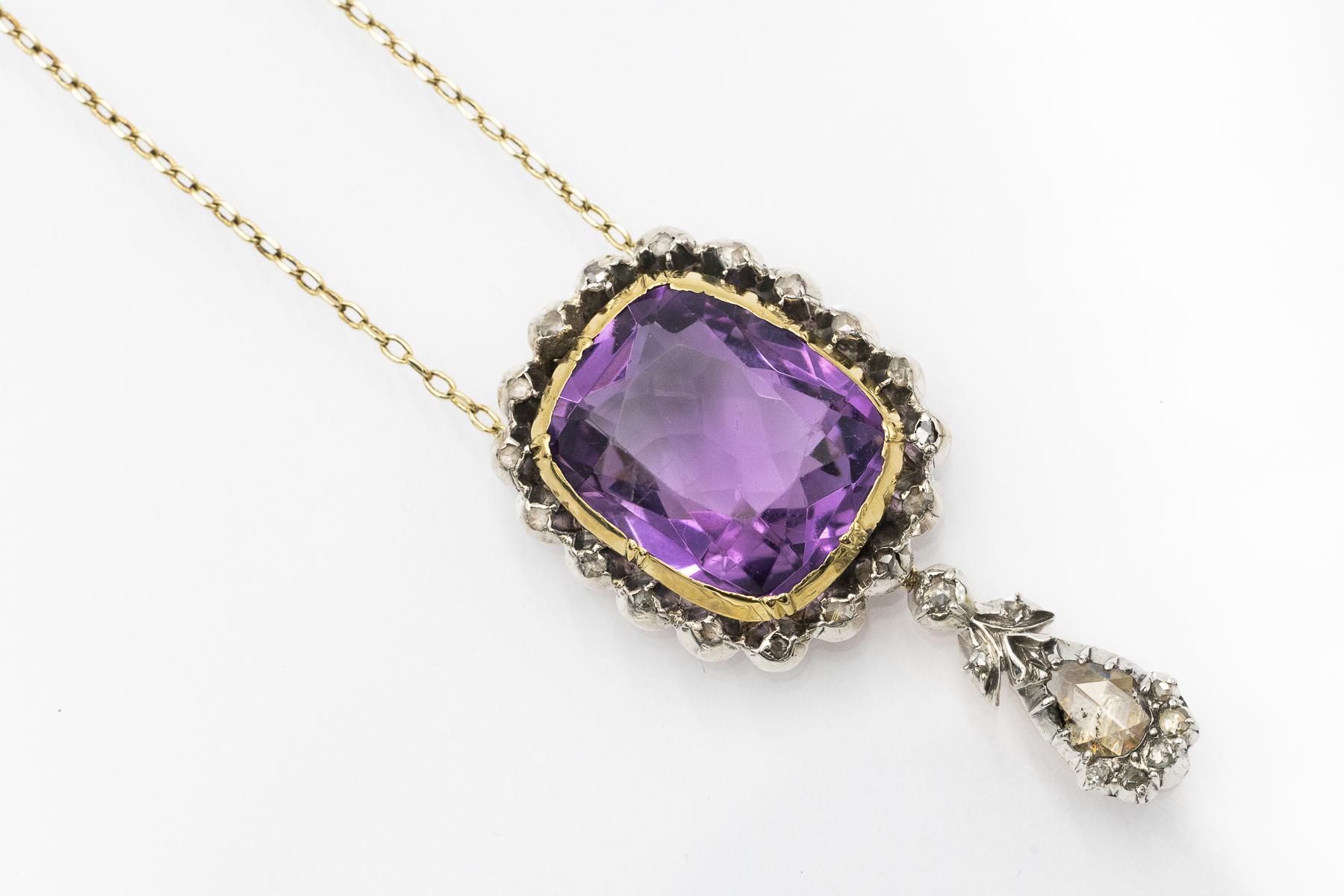 Art Nouveau Antique necklace with an impressive amethyst and rose-cut diamonds, circa 1900. For Sale