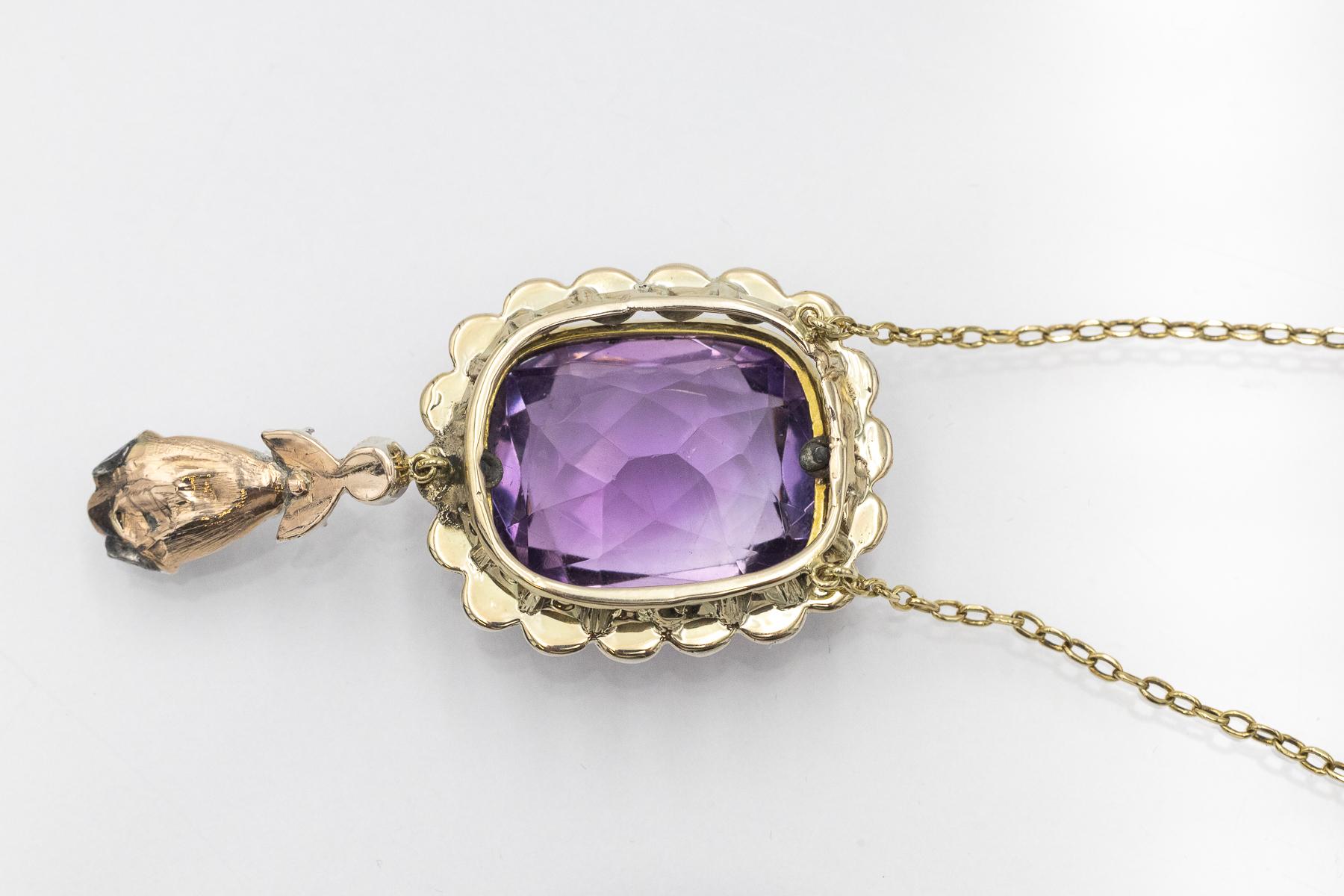 Rose Cut Antique necklace with an impressive amethyst and rose-cut diamonds, circa 1900. For Sale