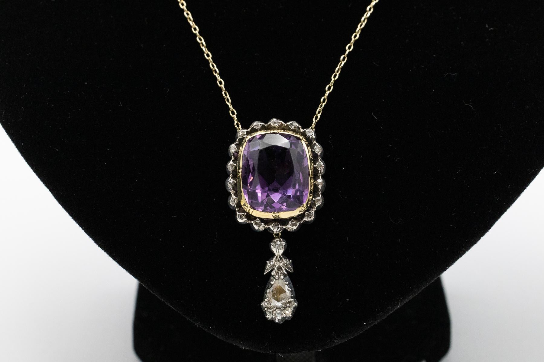 Antique necklace with an impressive amethyst and rose-cut diamonds, circa 1900. In Good Condition For Sale In Chorzów, PL