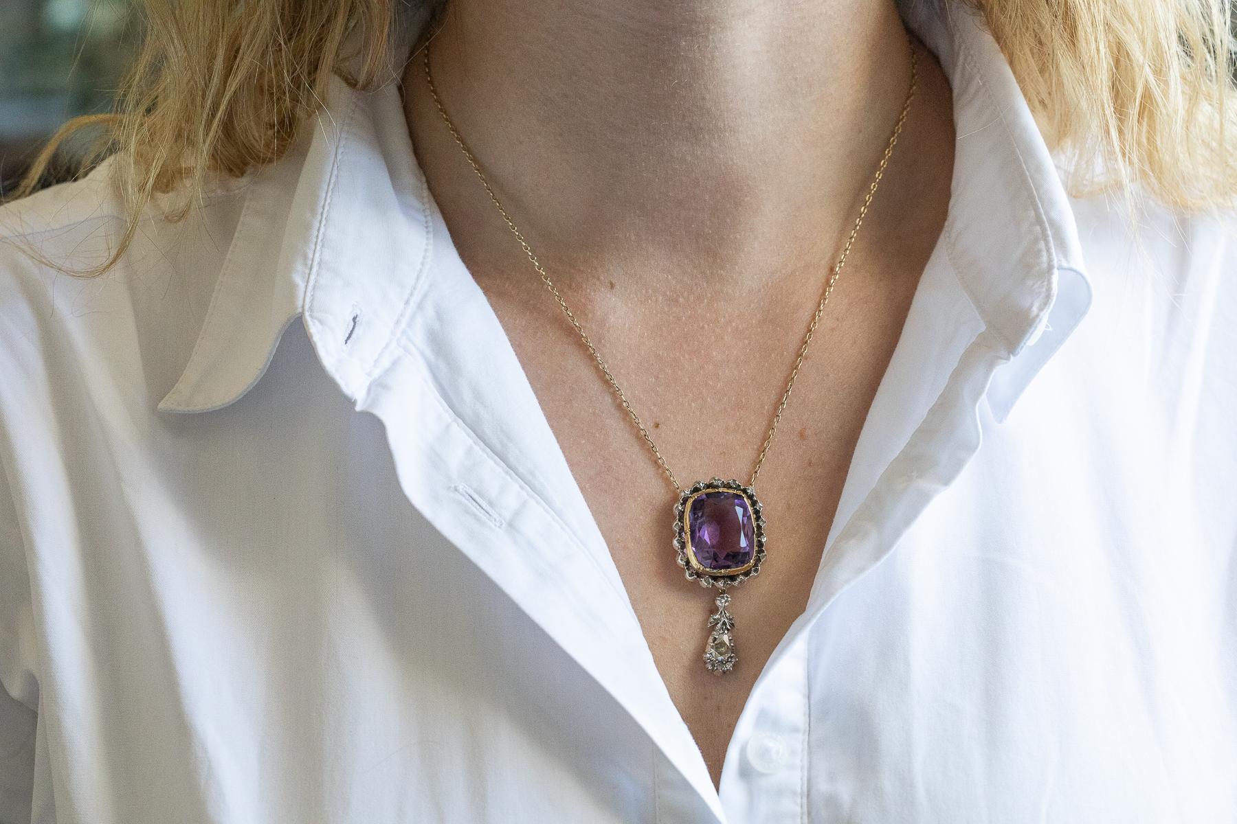 Women's or Men's Antique necklace with an impressive amethyst and rose-cut diamonds, circa 1900. For Sale