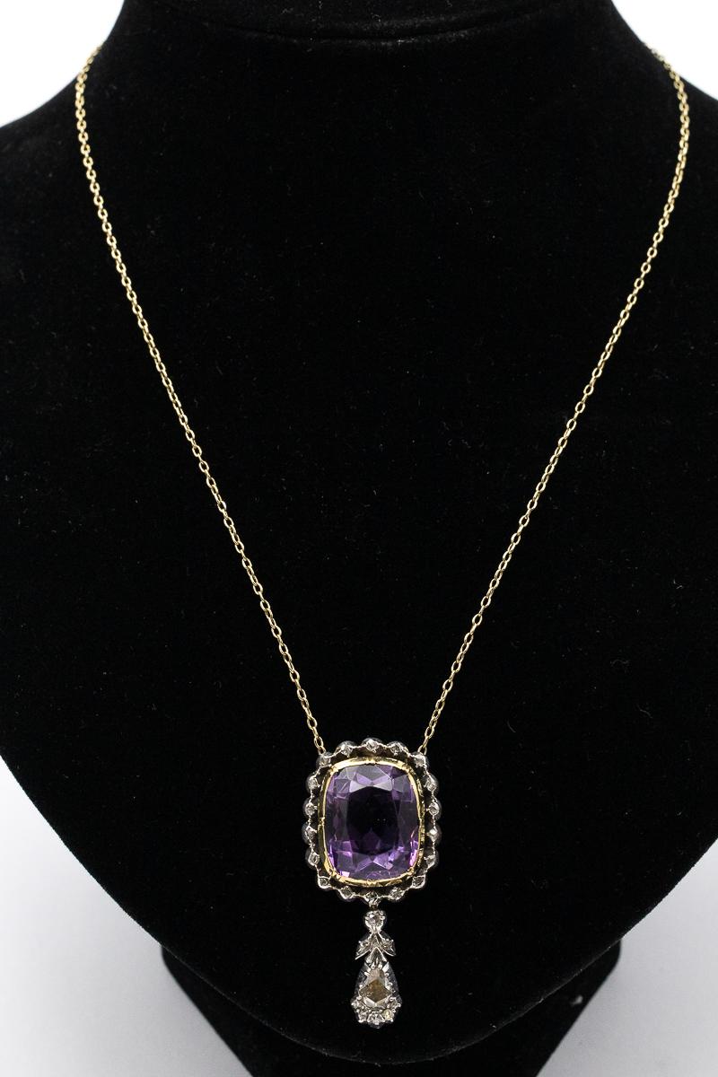 Antique necklace with an impressive amethyst and rose-cut diamonds, circa 1900. For Sale 2