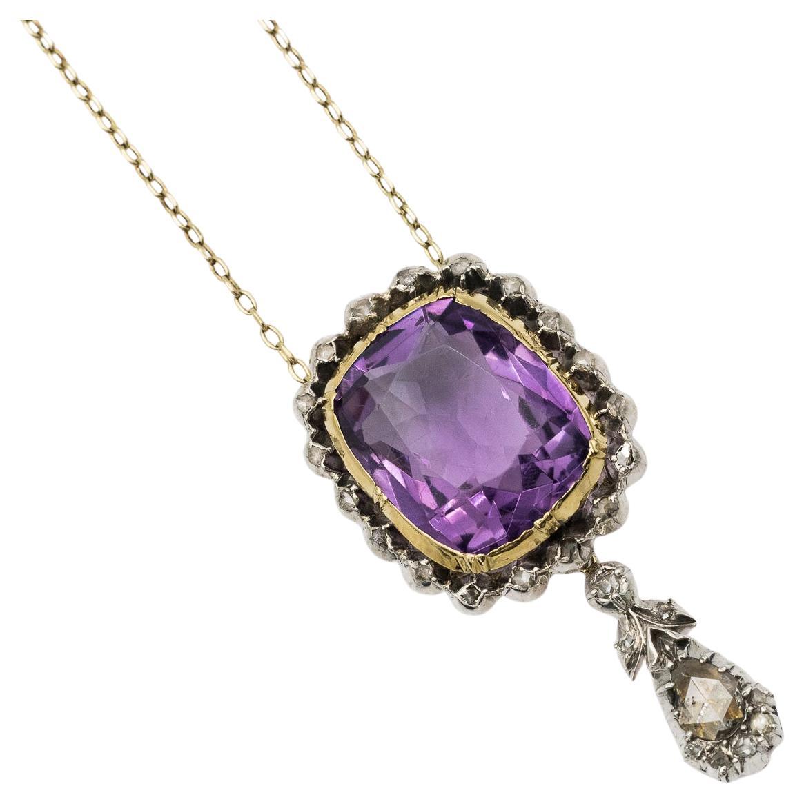 Antique necklace with an impressive amethyst and rose-cut diamonds, circa 1900. For Sale