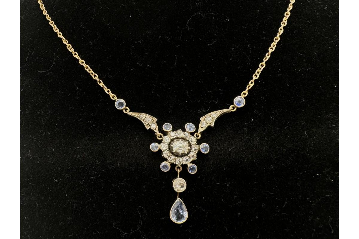 Old Mine Cut Antique necklace with diamonds and sapphires, Great Britain, early 20th century. For Sale