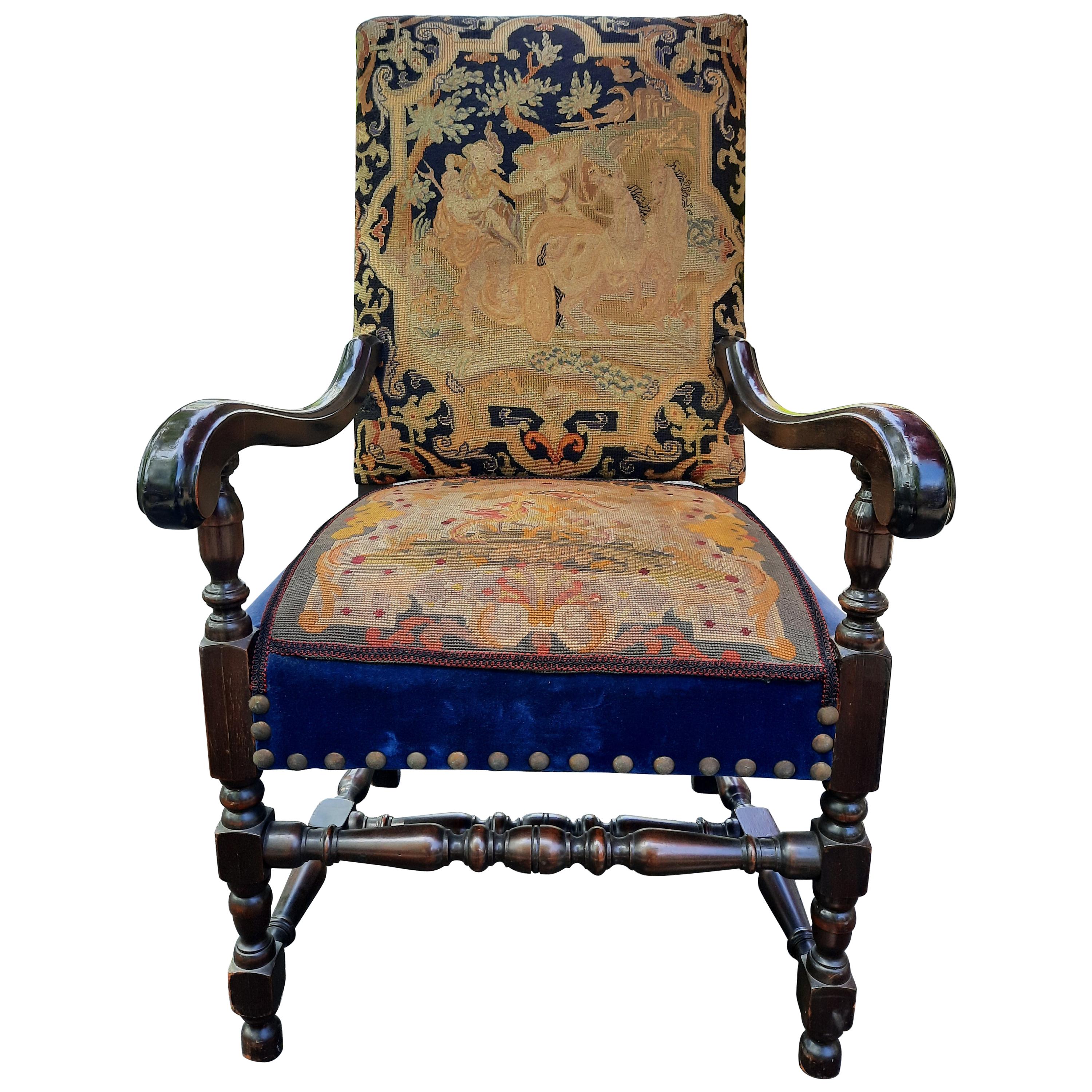 Antique Needlepoint Arm Chair in Blue and Gold For Sale