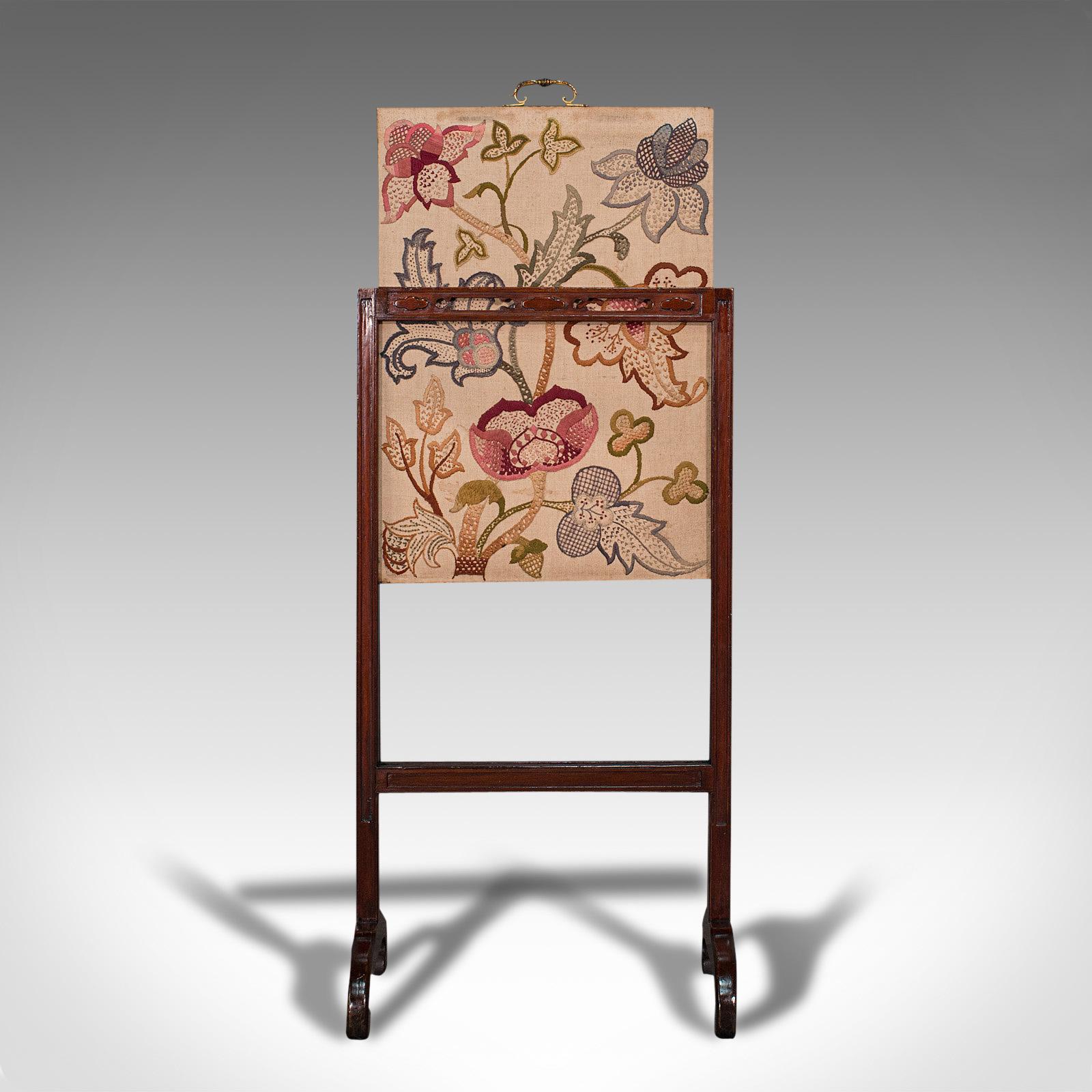 19th Century Antique Needlepoint Fire Screen, English, Mahogany, Fireside Guard, Regency For Sale