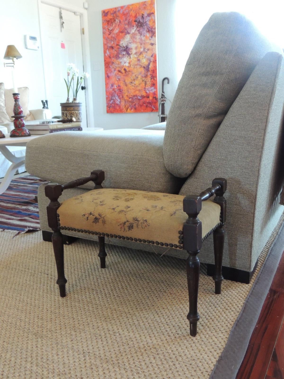 Antique Needlepoint Floral Tapestry Footstool In Good Condition In Oakland Park, FL