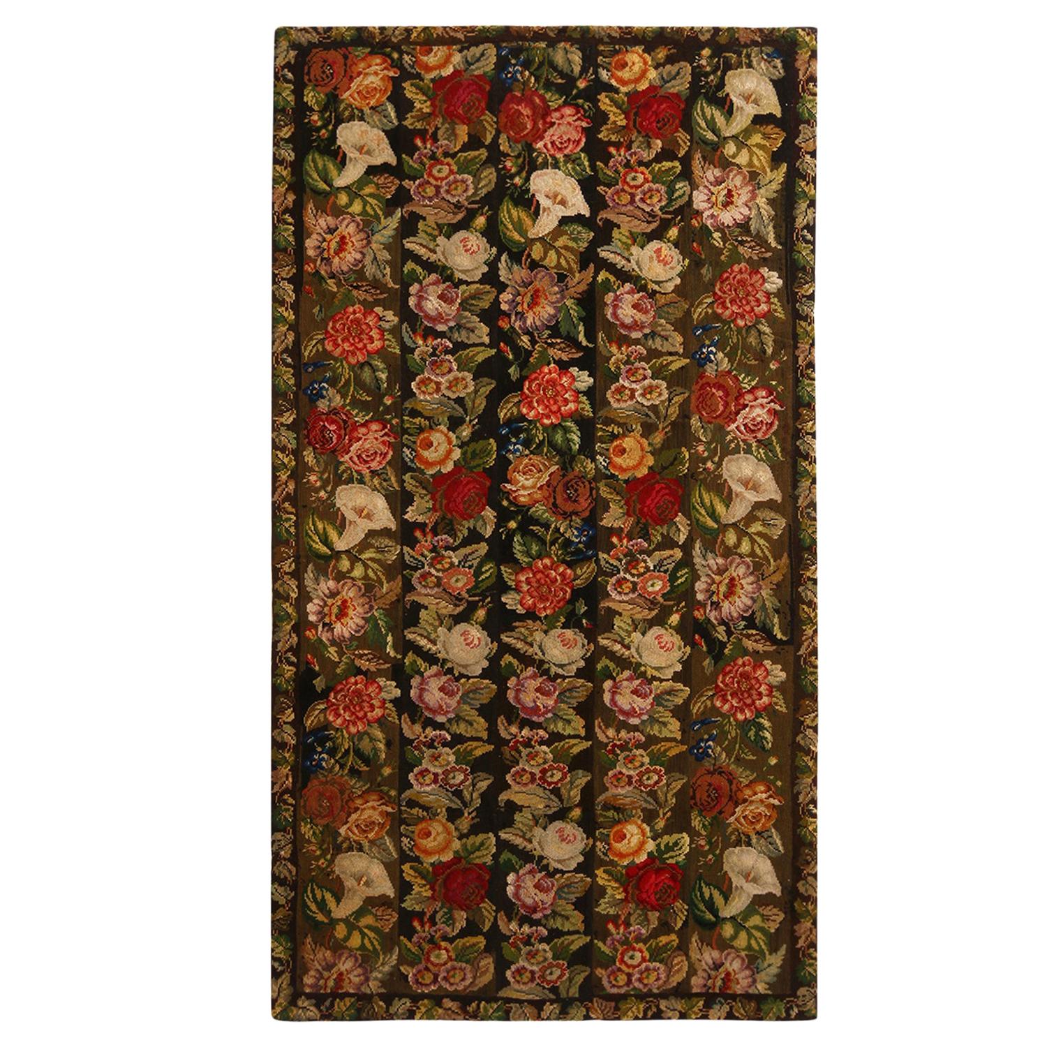 Antique Needlepoint Green Multi-Color Wool Floral Rug by Rug & Kilim