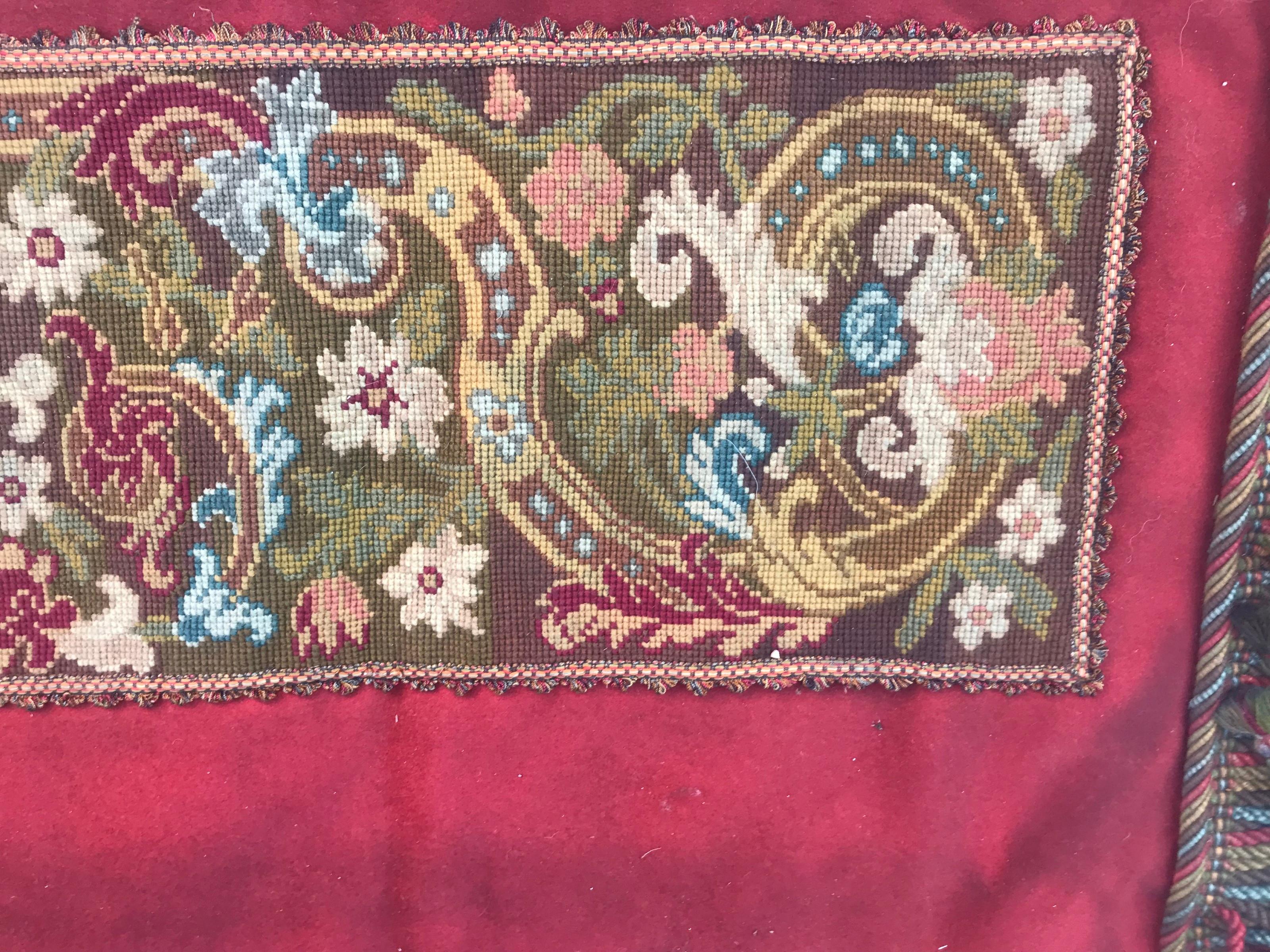 Beautiful late 19th century tapestry with nice floral design and beautiful colors, entirely hand embroidered with needlepoint method with wool and silk applied on velvet foundation.