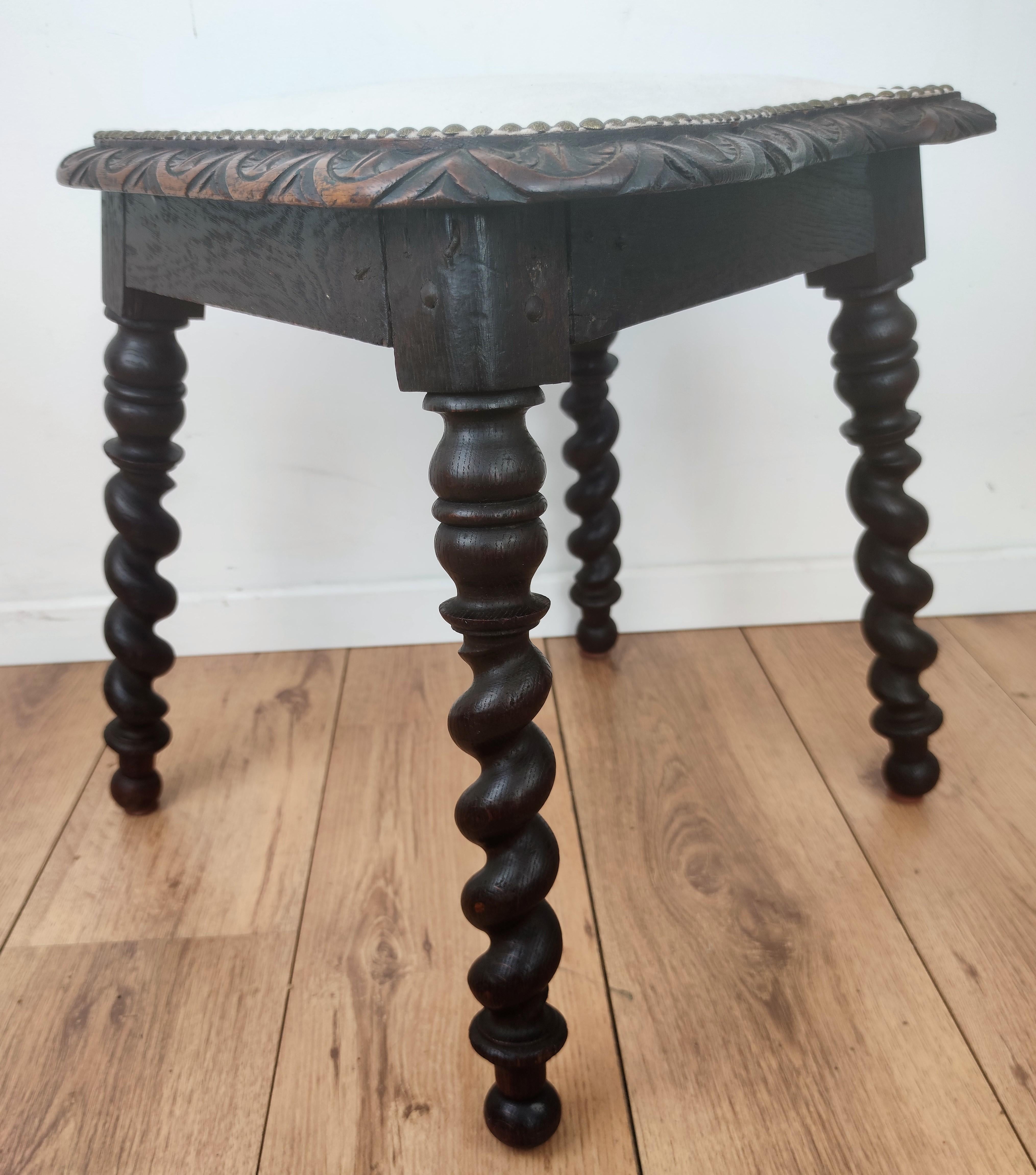 Hand-Carved Antique Needlepoint Re-upholstered Carved Beveled Top Barley Twist Legs Stool For Sale