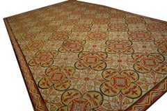 1870s Ivory Geometric Antique English Needlepoint Carpet 11'x19'6" WovenWool Rug