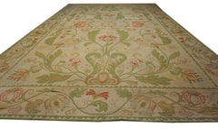 1930s Ivory Green Antique Portuguese Arraiolos Needlepoint Carpet 14'2"x23' Rug