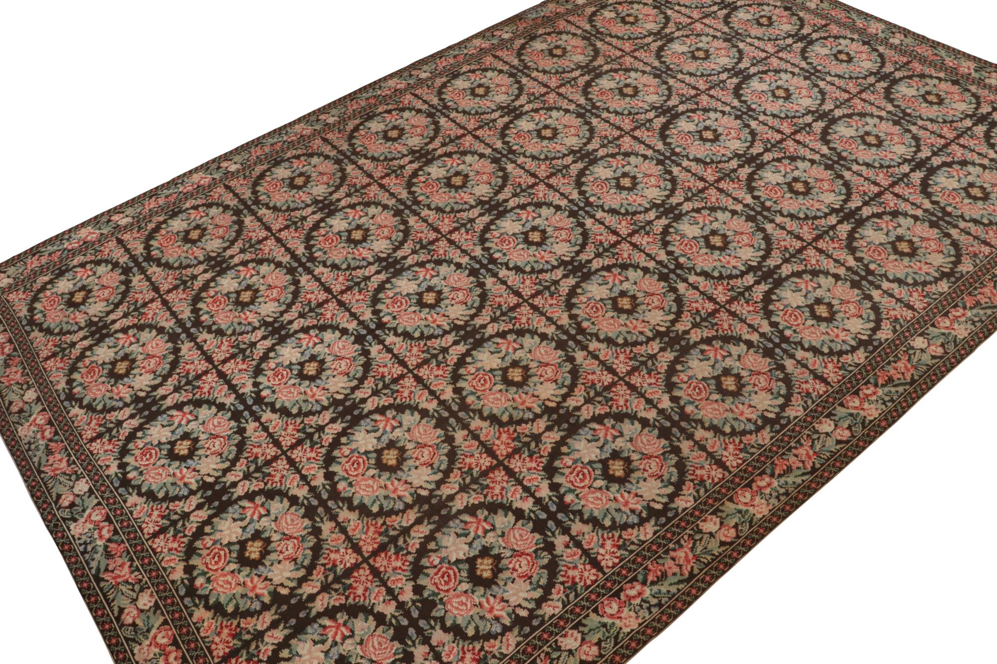 Hand-Knotted Antique Needlepoint rug in Brown with Botanical Florals, from Rug & Kilim For Sale