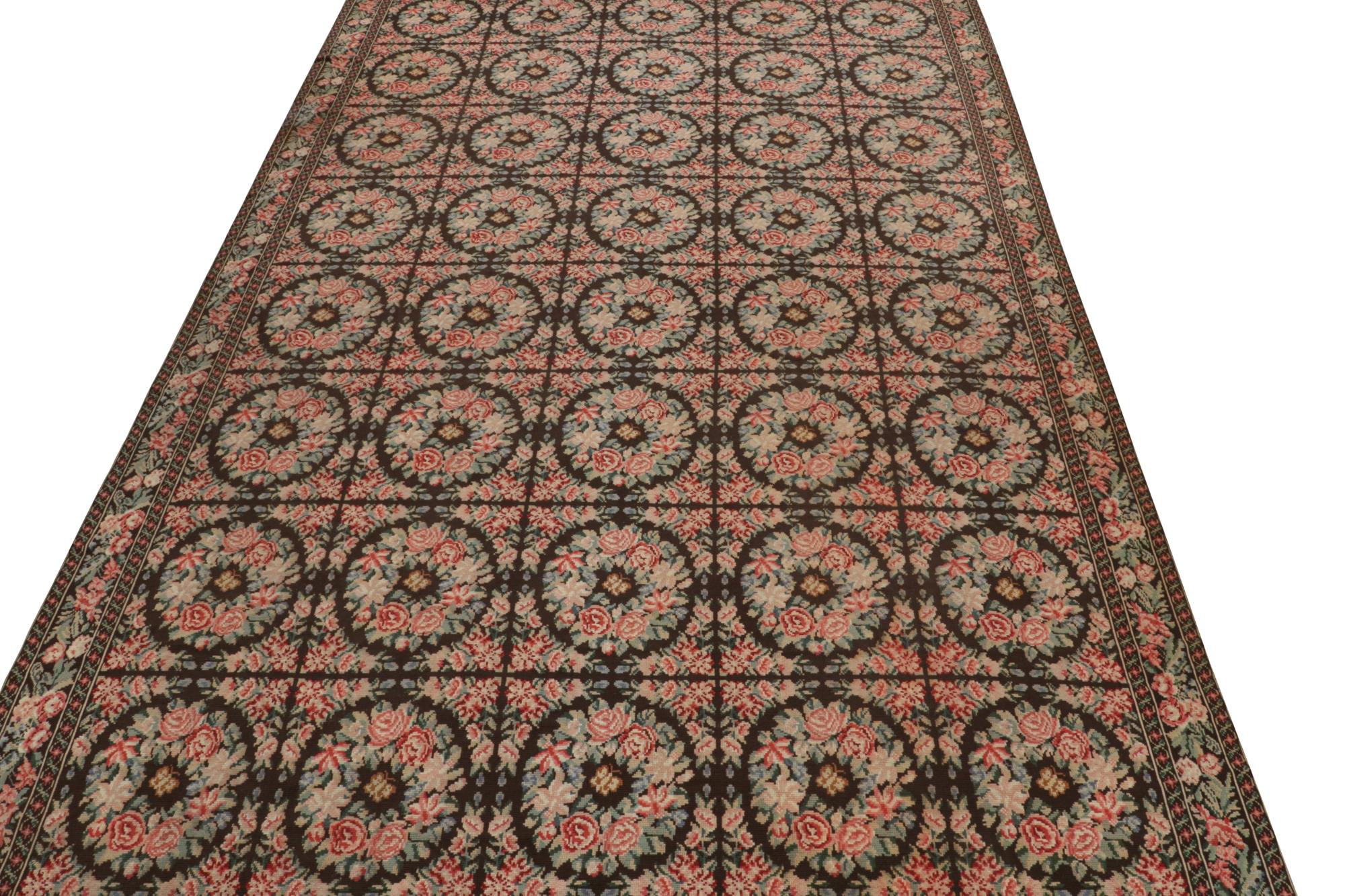 Antique Needlepoint rug in Brown with Botanical Florals, from Rug & Kilim In Good Condition For Sale In Long Island City, NY