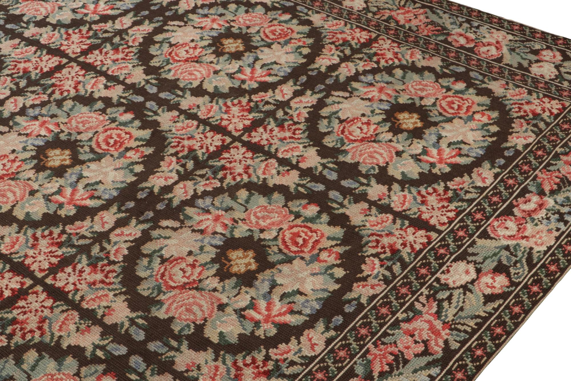 Early 20th Century Antique Needlepoint rug in Brown with Botanical Florals, from Rug & Kilim For Sale