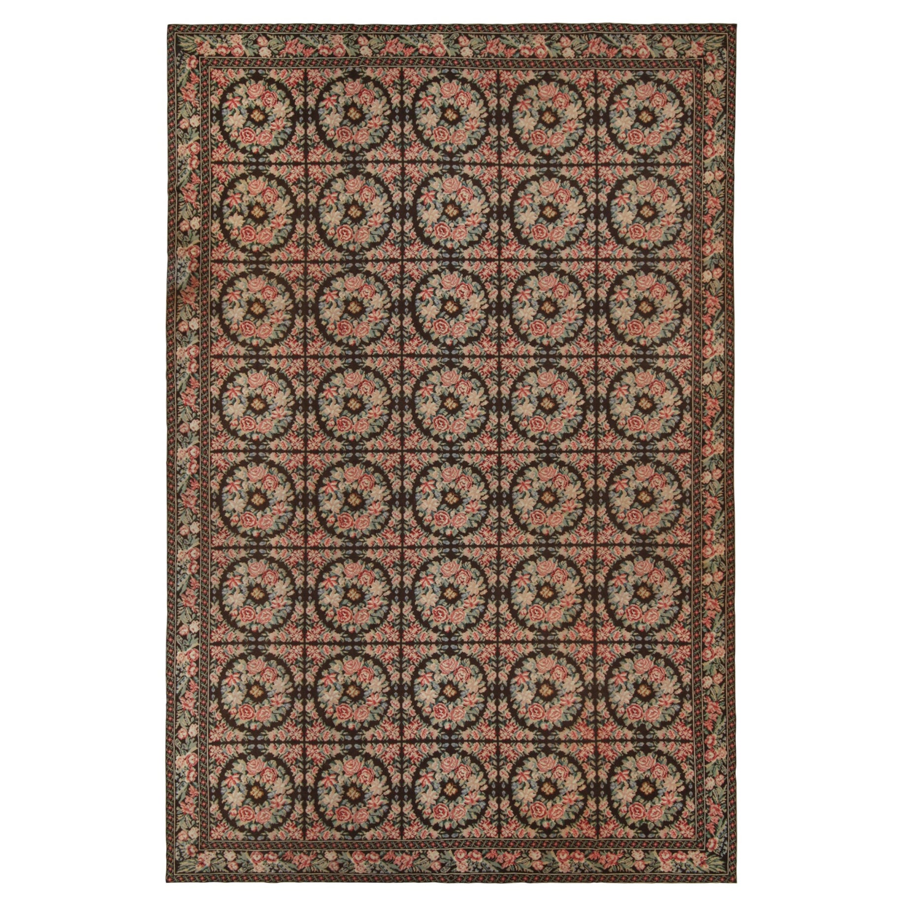Tappeto antico a punta d'ago in marrone con fiori botanici, da Rug & Kilim