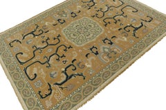 Antique Needlepoint Rug in Gold with Blue Medallion and Florals