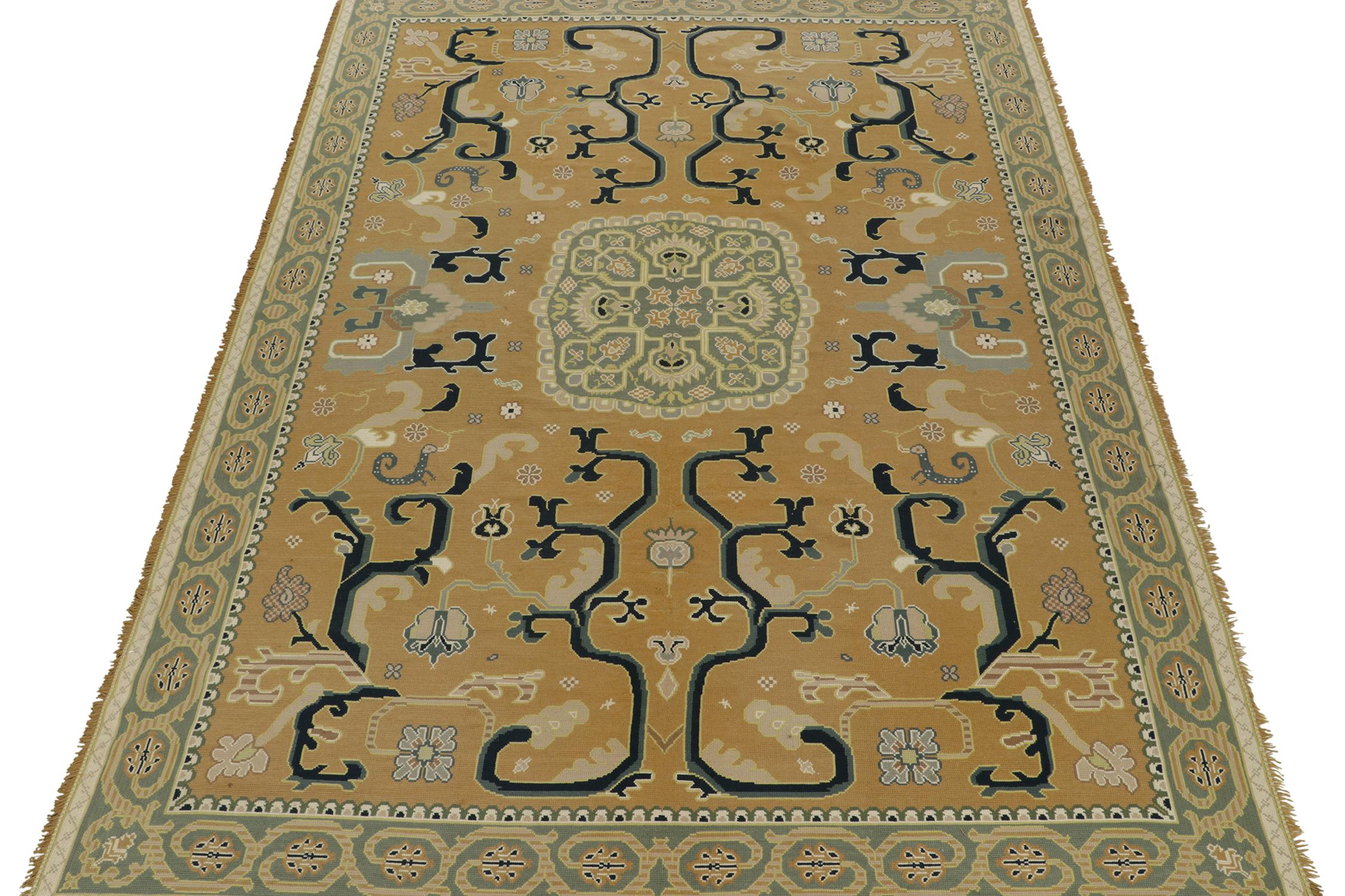 Portuguese Antique Needlepoint Rug in Gold with Blue Medallion and Florals For Sale