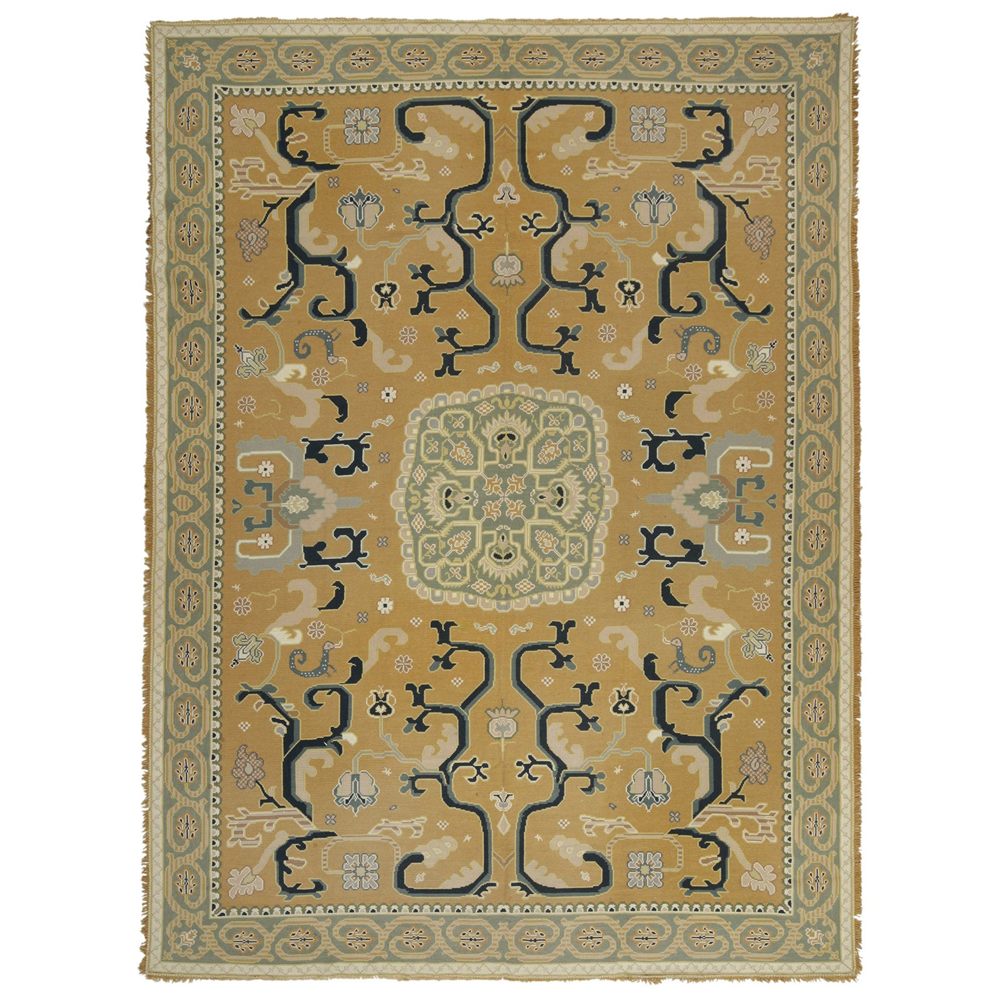 Tapis d'antiquités en or avec médaillon bleu et fleurs