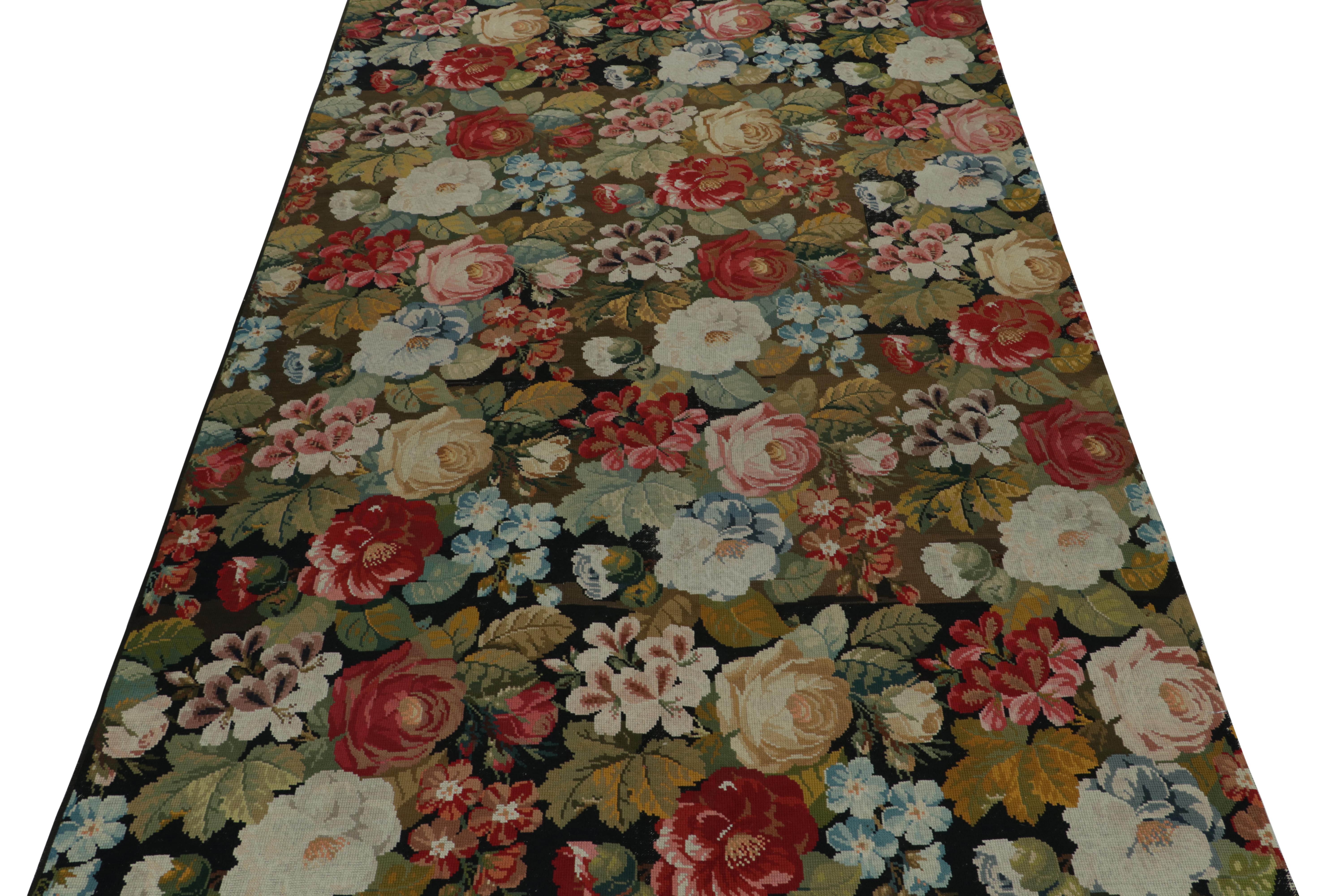 English Antique Needlepoint Rug in with Red and Green Floral Patterns, by Rug & Kilim For Sale