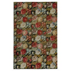 Antique Needlepoint Rug in with Red and Green Floral Patterns, by Rug & Kilim