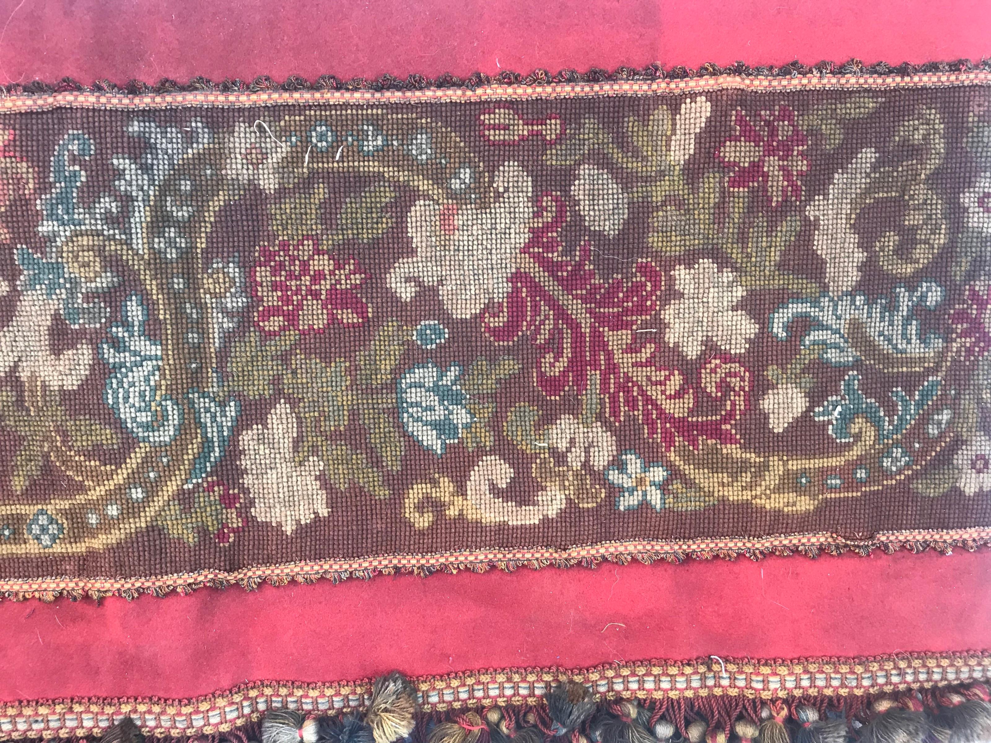 Beautiful late 19th century tapestry panel with nice floral design, entirely hand embroidered with needlepoint method with wool, applied on velvet foundation.