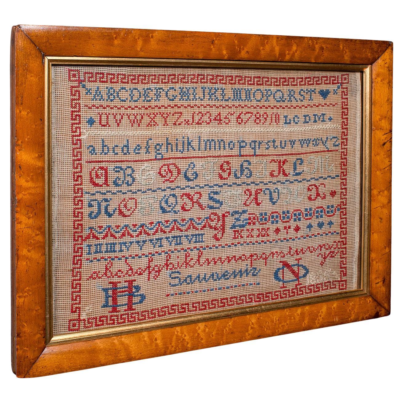 Antique Needlework Sample, English, Framed, Embroidery, Decor, William IV, 1835 For Sale
