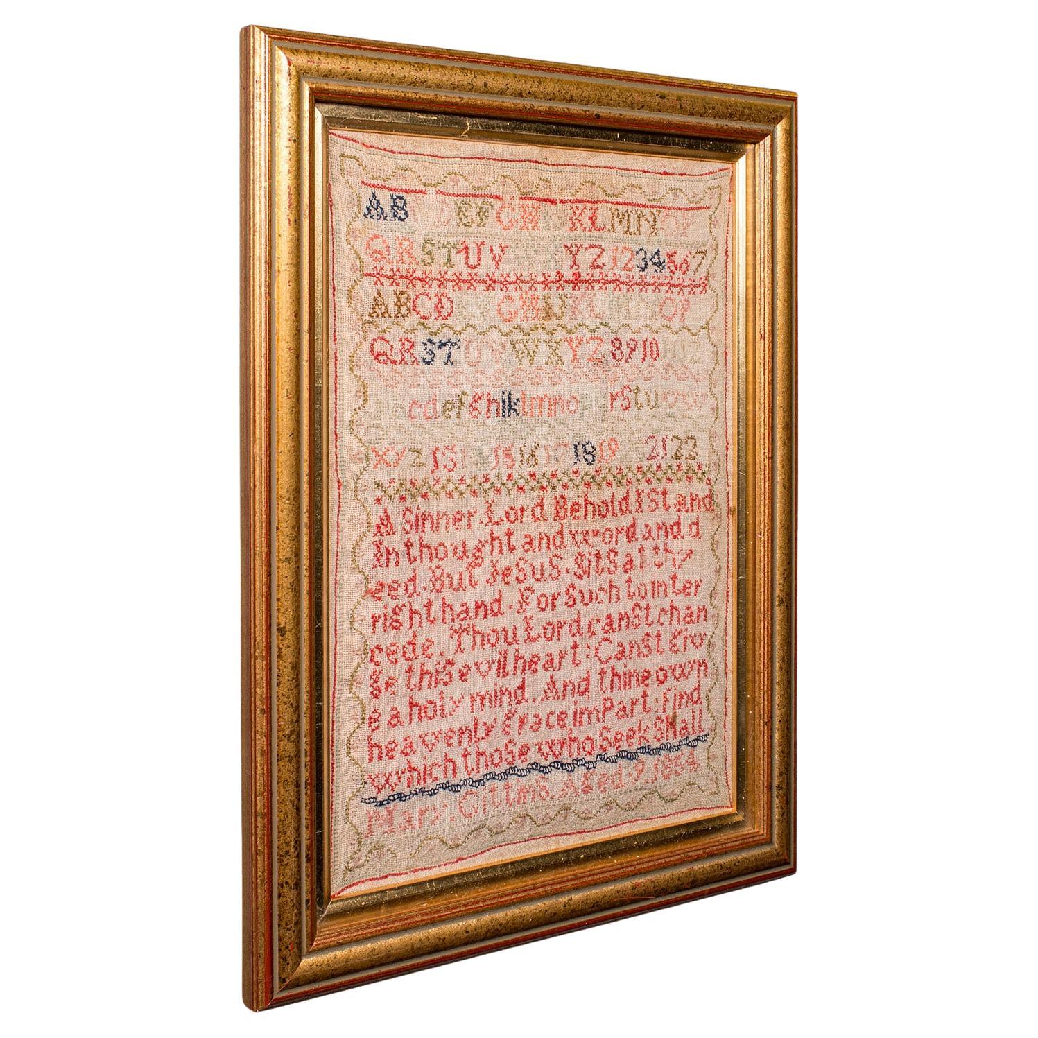 Antique Needlework Sampler, English, Framed, Embroidery Panel, Victorian, C.1854 For Sale