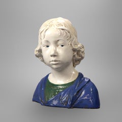 Antique sculpture néoclassique en terre cuite polychromée Buste d'enfant:: 1910