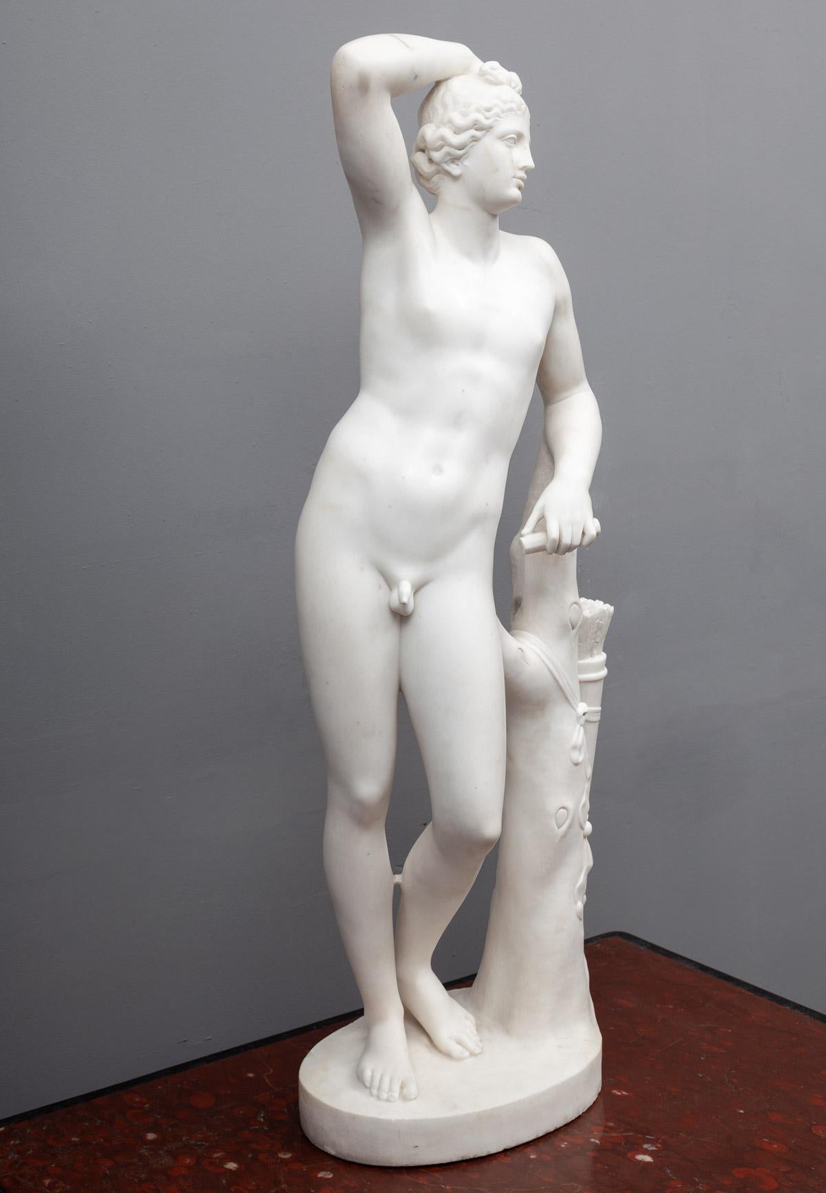 Une magnifique statue antique en marbre de Carrare représentant Adonis. La figure masculine est représentée nue, appuyée contre un arbre.
Adonis était l'amant mortel de la déesse Aphrodite dans la mythologie grecque.