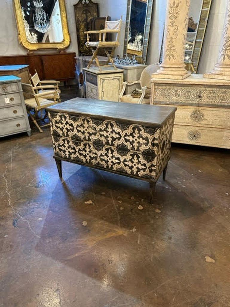 Lovely painted antique Neo-classical style commode with 2 drawers. Very nice decorative design. So pretty!! Note: The patina is recent.