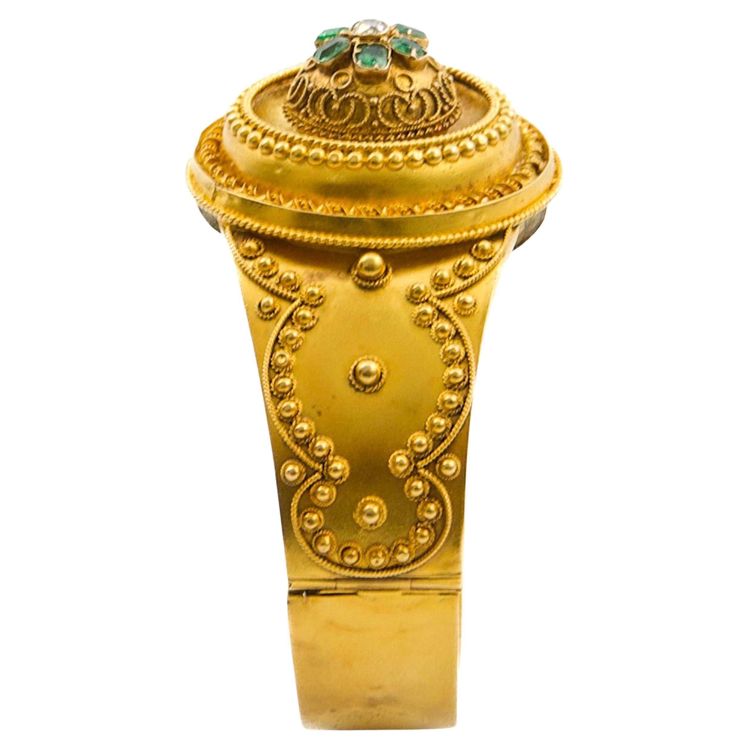 Emerald Cut Antique Neo-Etruscan 18K Gold Emerald Diamond Bracelet, England 19th Century For Sale
