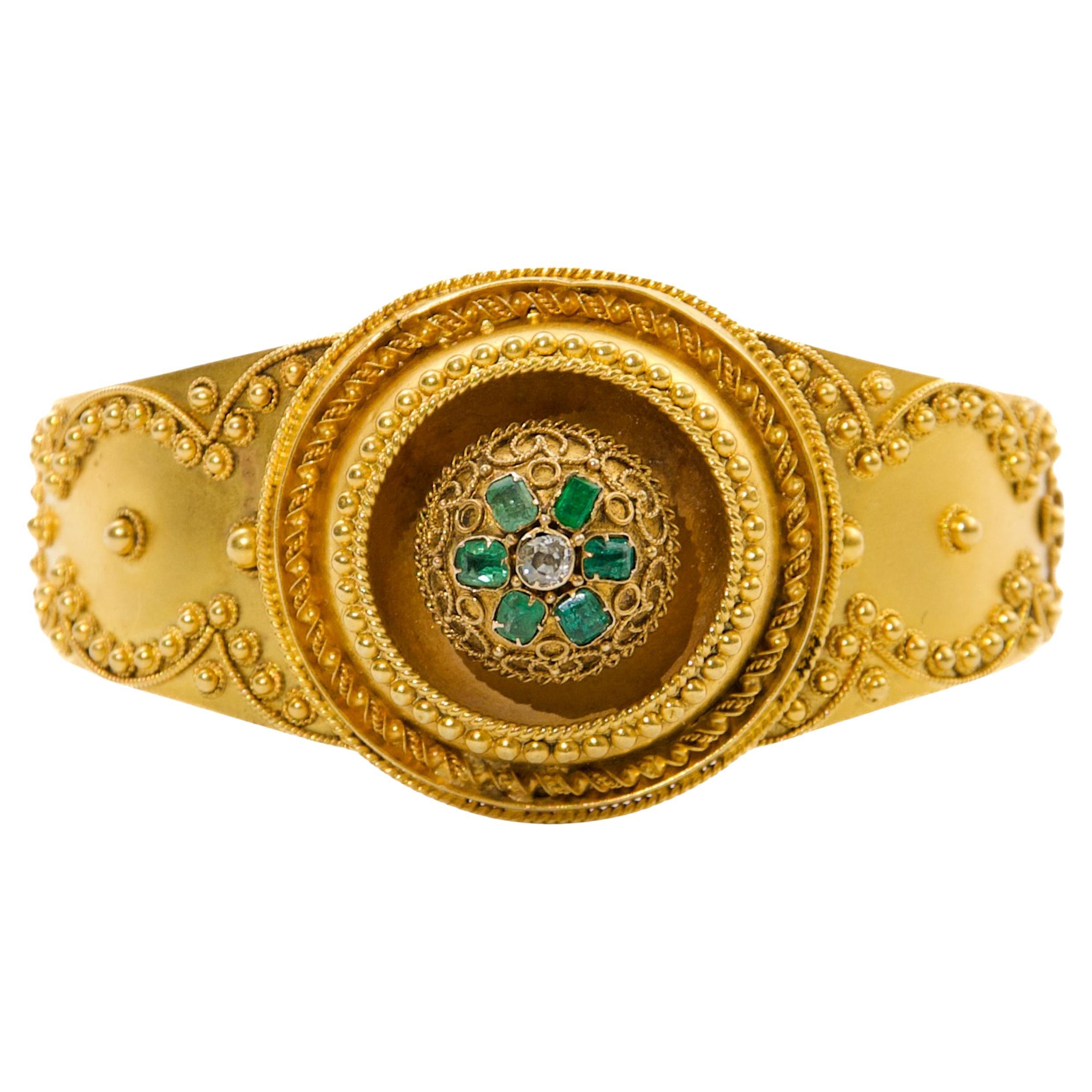 Antique Neo-Etruscan 18K Gold Emerald Diamond Bracelet, England 19th Century