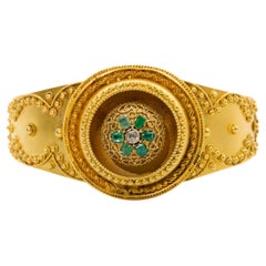 Antique Neo-Etruscan 18K Gold Emerald Diamond Bracelet, England 19th Century