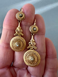Antique Neo-Etruscan Gold Drop Earrings, France, 19th Century