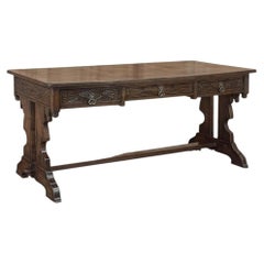 Antique Neo Gothic Carved Oak Trestle Three Drawer Writing Desk