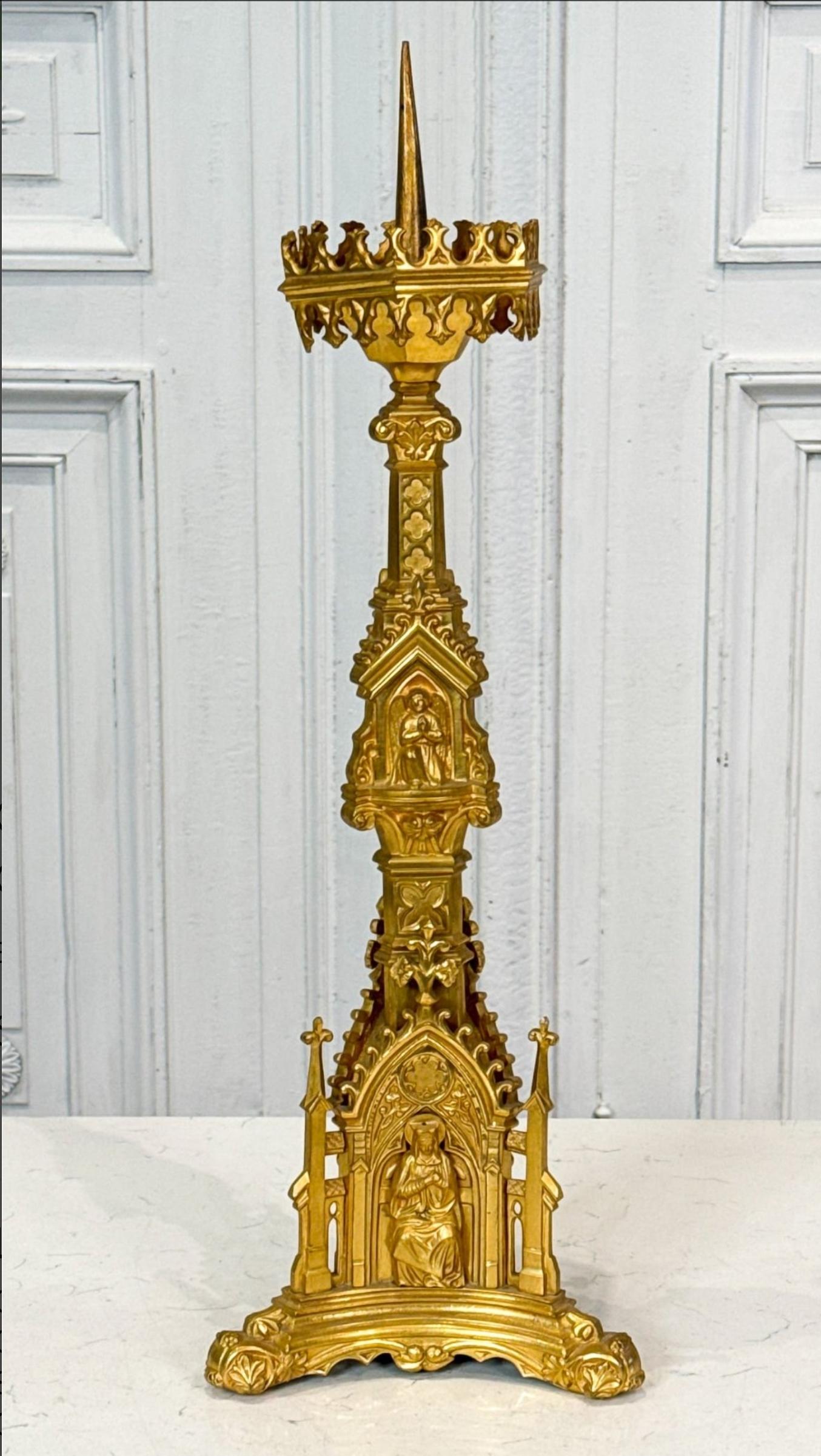 European Antique Neo-Gothic Gilt Bronze Pricket Candlestick  For Sale