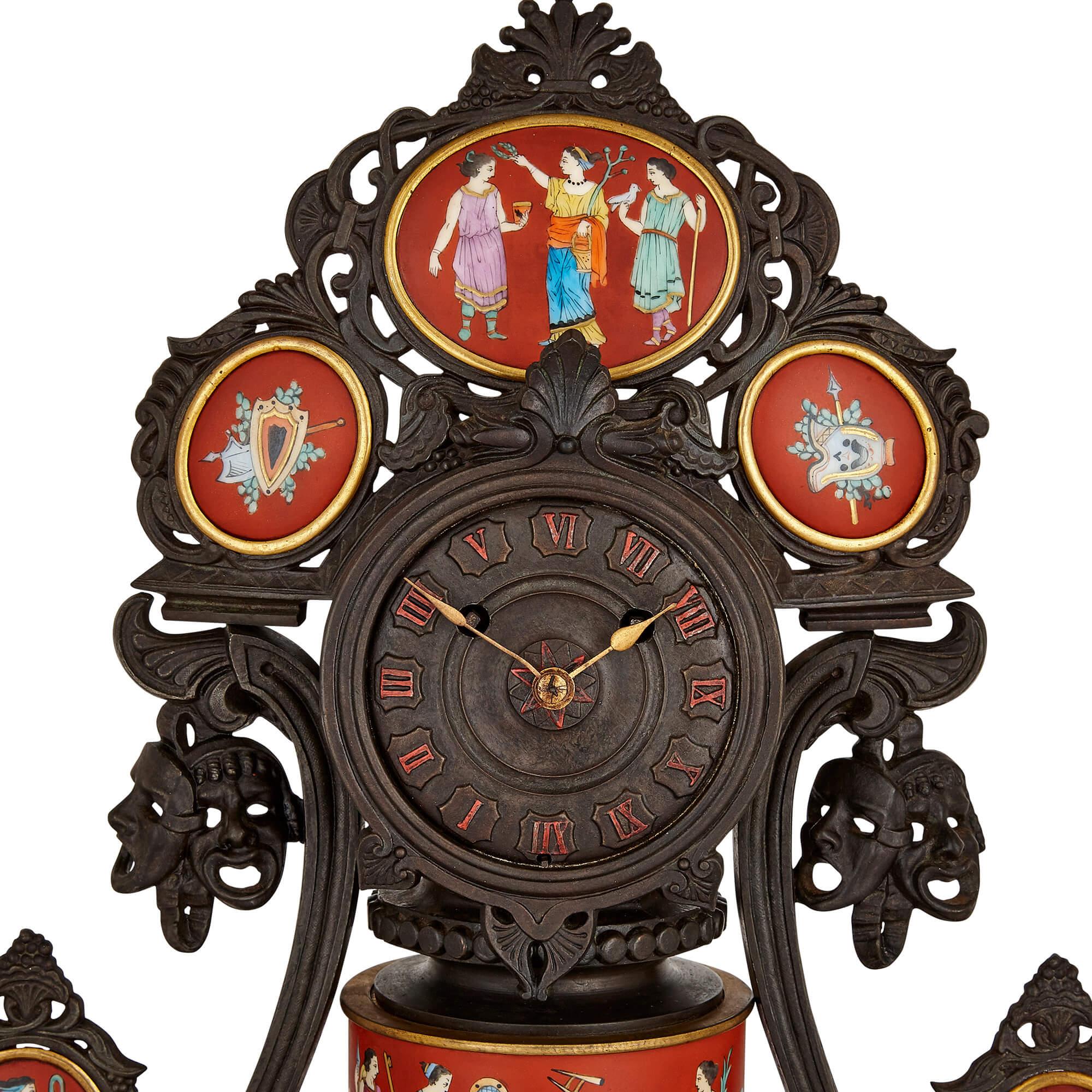 Neoclassical Antique Neo-Grec Porcelain and Cast Iron Clock Set For Sale