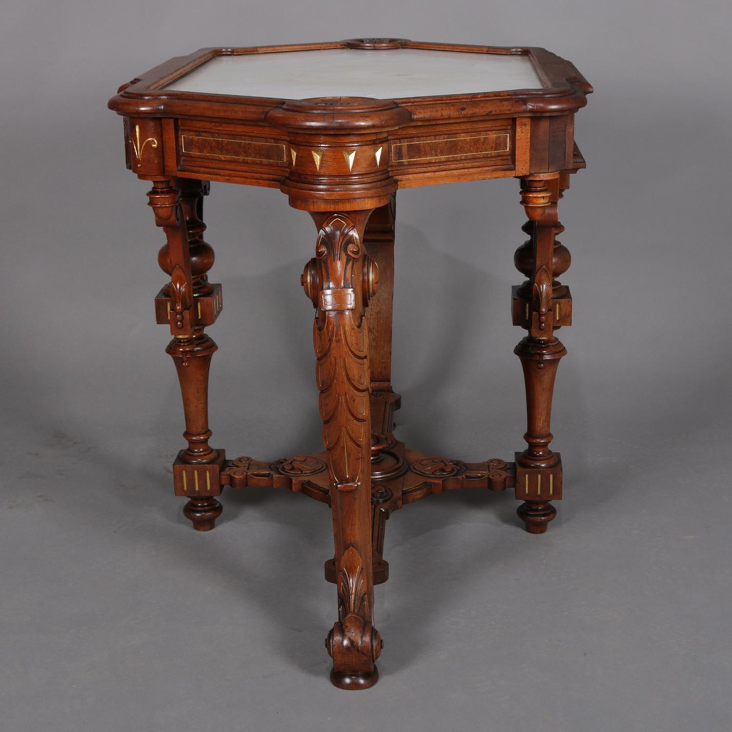 Renaissance Revival Antique Neo Greco Carved Walnut, Burl and Gilt Marble-Top Table, circa 1880