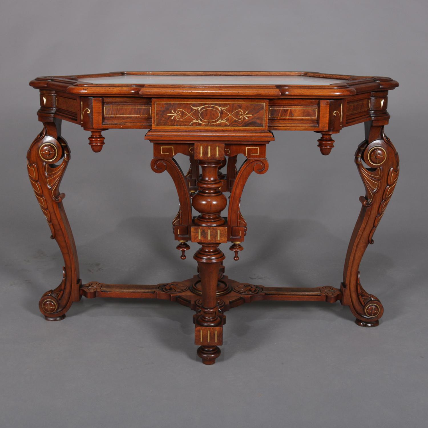 American Antique Neo Greco Carved Walnut, Burl and Gilt Marble-Top Table, circa 1880