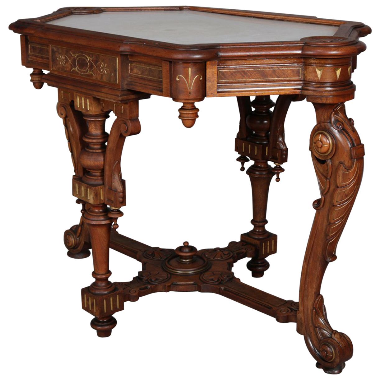 Antique Neo Greco Carved Walnut, Burl and Gilt Marble-Top Table, circa 1880