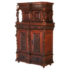 Antique Neo-Renaissance Deeply Carved Figural Oak Server with Lions & Masks
