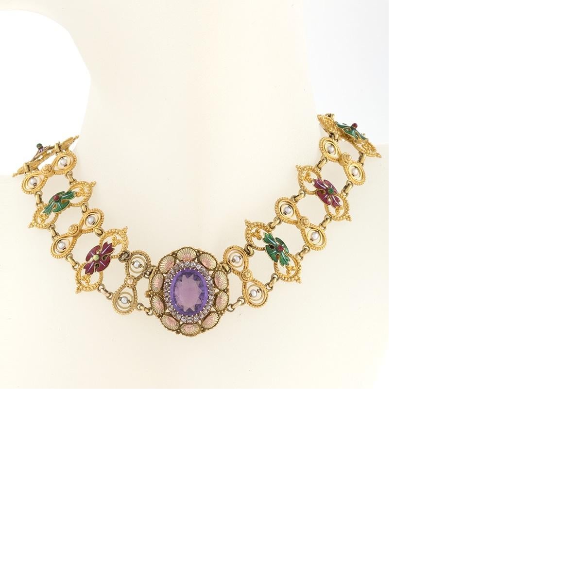 Renaissance Revival Antique Neo-Renaissance Enamel Pearl Amethyst Diamond Gold Necklace For Sale
