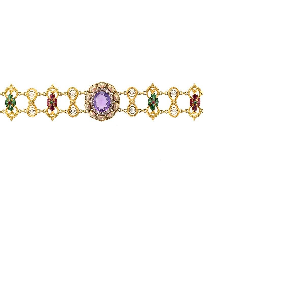 Oval Cut Antique Neo-Renaissance Enamel Pearl Amethyst Diamond Gold Necklace For Sale