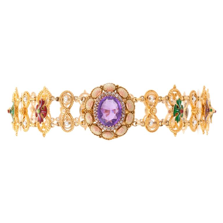 Antique Neo-Renaissance Enamel Pearl Amethyst Diamond Gold Necklace For Sale