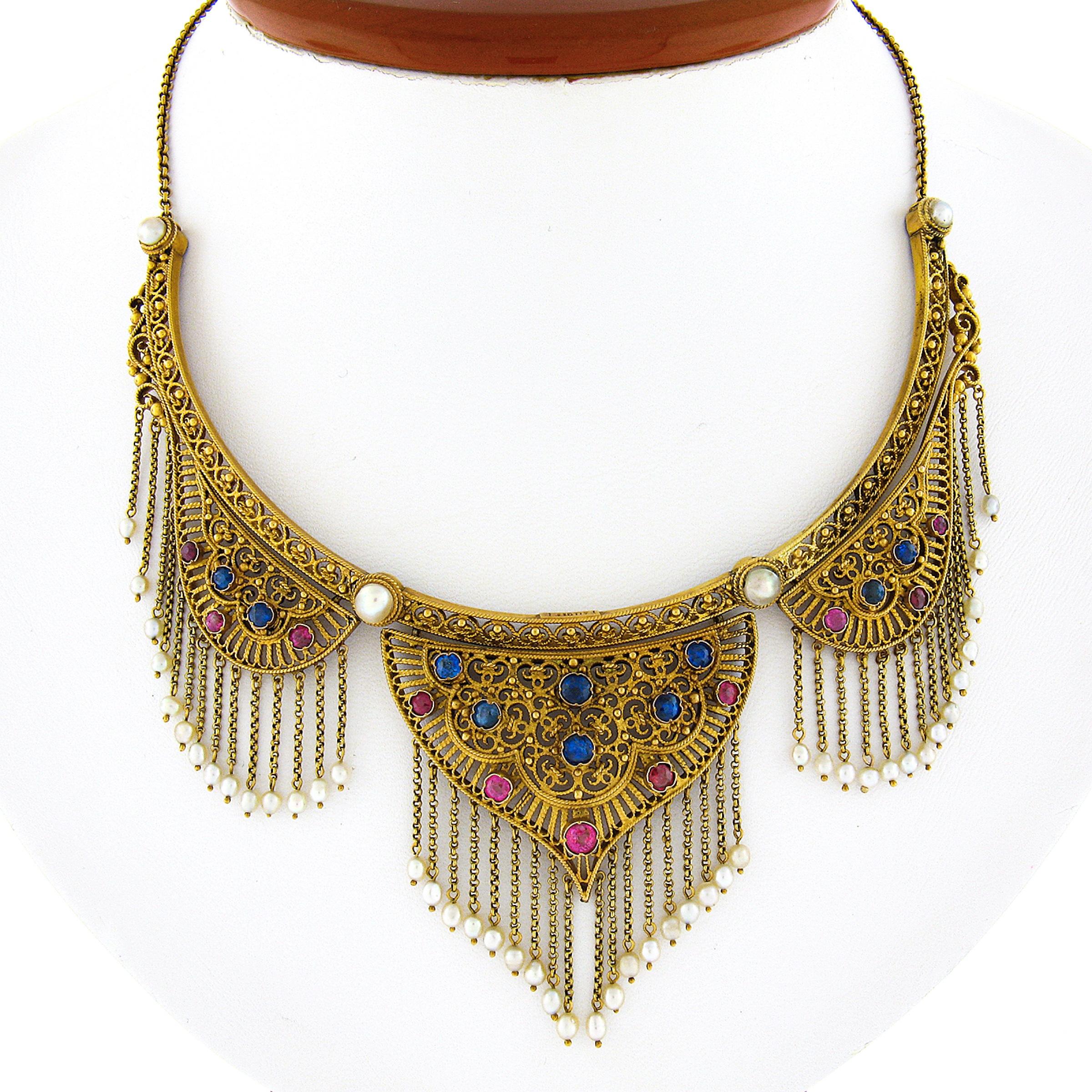 You are looking at an absolutely magnificent antique collier statement necklace designed by Luigi Pallotti that was crafted in solid 18k yellow gold during the late Victorian era. This necklace displays a truly outstanding Neo renaissance style