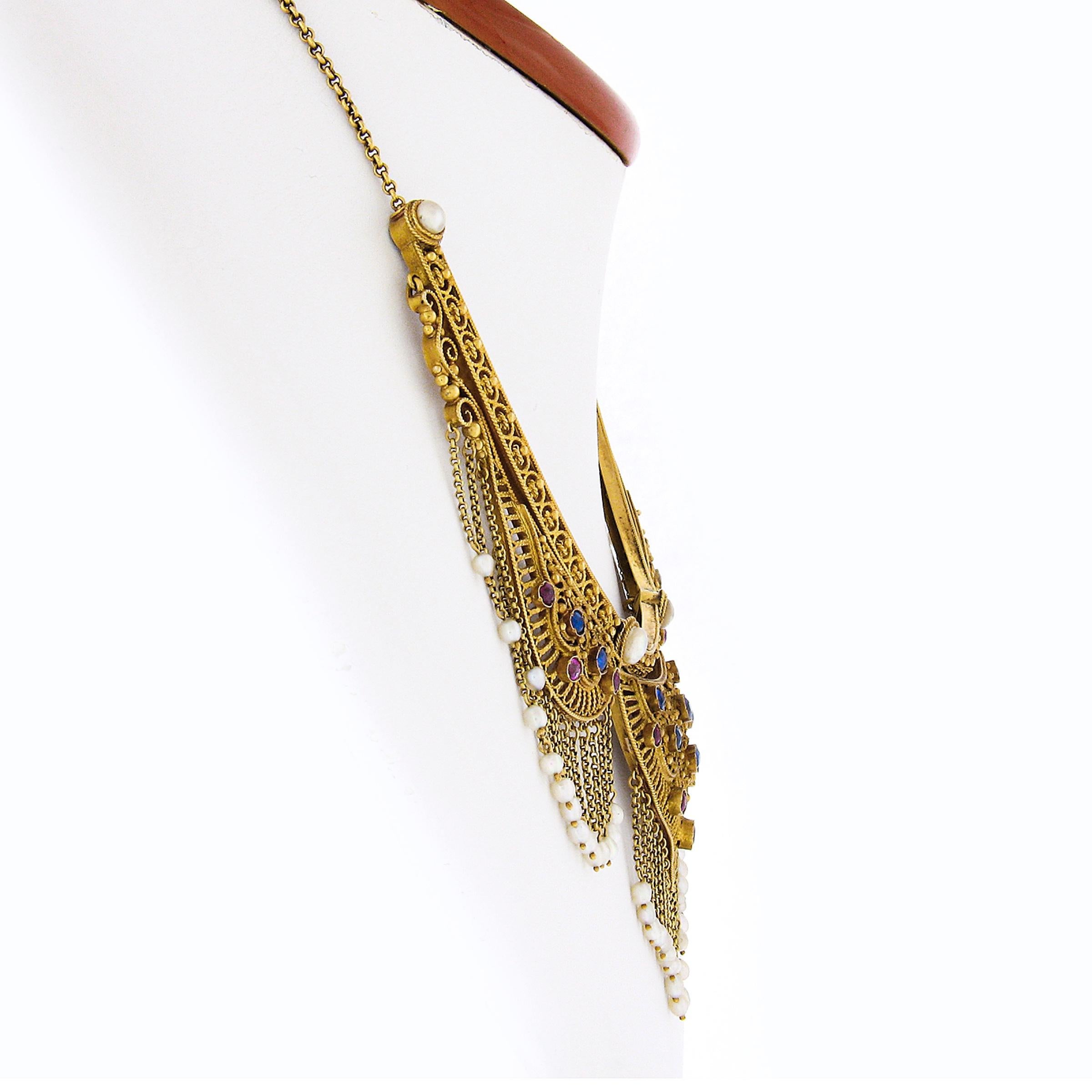 Victorian Antique Neo Renaissance Pallotti 18K Gold Sapphire Ruby Pearl Choker Necklace