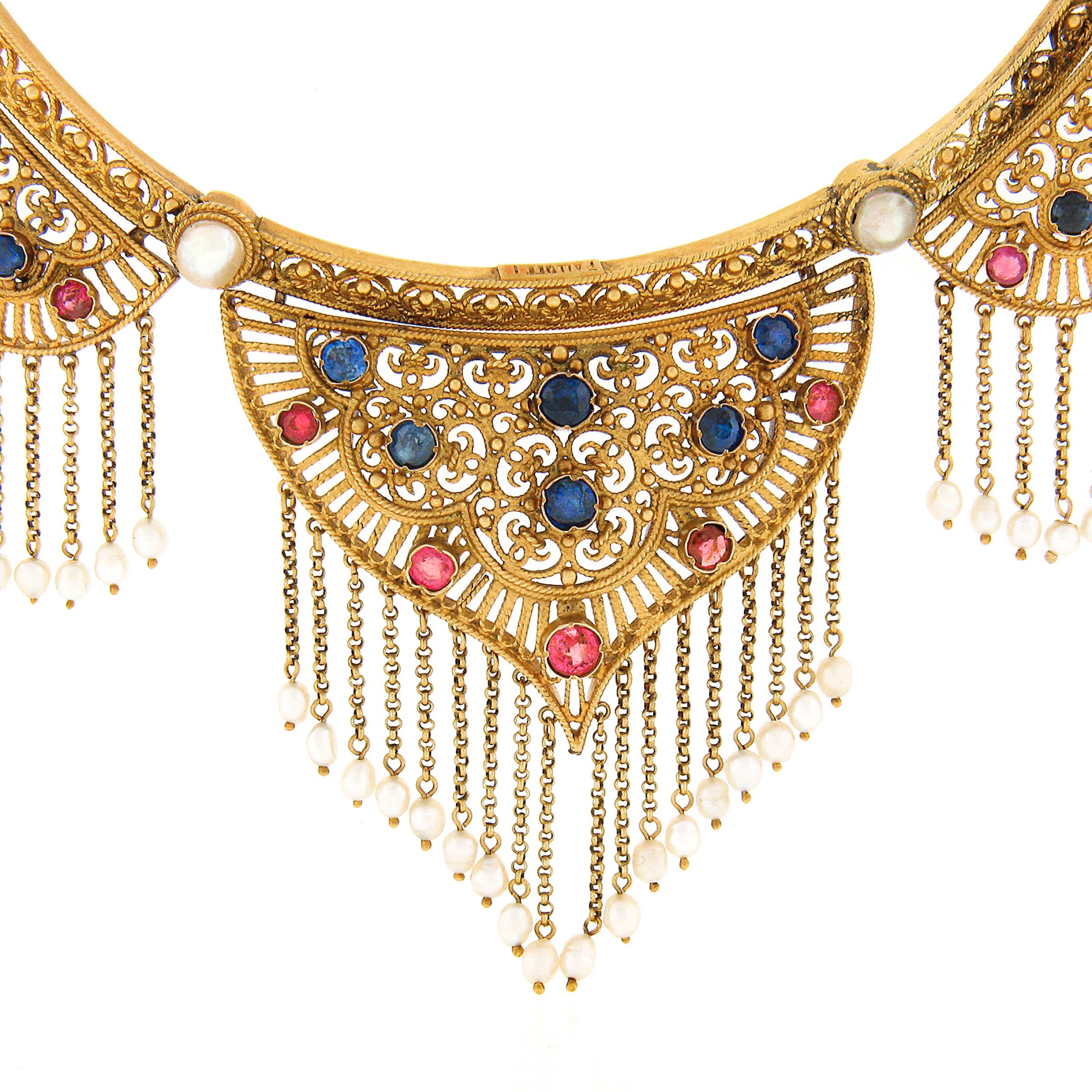 Round Cut Antique Neo Renaissance Pallotti 18K Gold Sapphire Ruby Pearl Choker Necklace