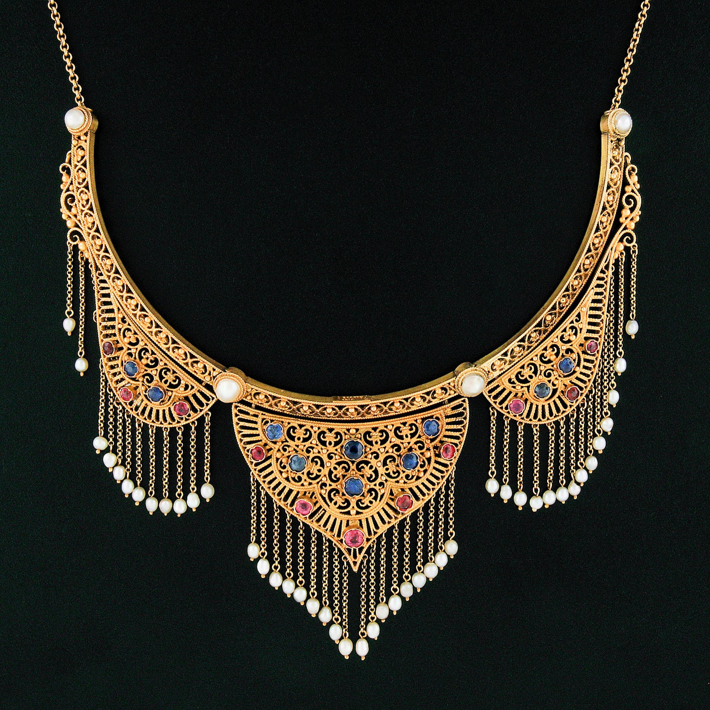 Women's Antique Neo Renaissance Pallotti 18K Gold Sapphire Ruby Pearl Choker Necklace