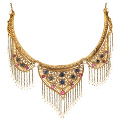 Antique Neo Renaissance Pallotti 18K Gold Sapphire Ruby Pearl Choker Necklace